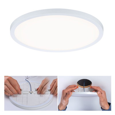 Round white LED ceiling light made of plastic with mounting clips and ceiling installation