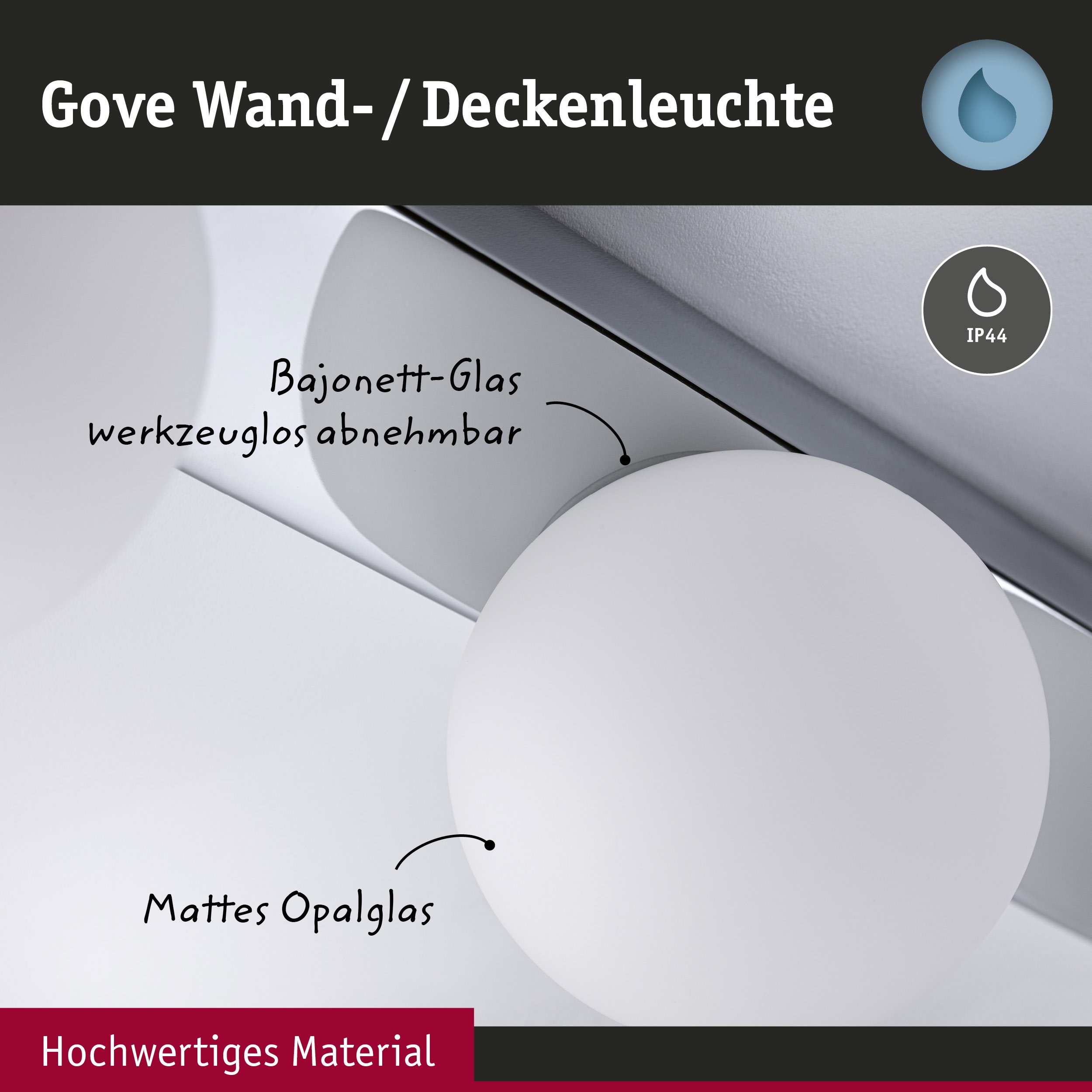 Gove Wand- und Deckenleuchte mit mattweißem Opalglas und Bajonett-Glas, IP44 Schutz