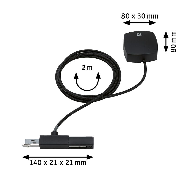 Black electrical connection cable 2 m long with compact dimensions for lighting systems.