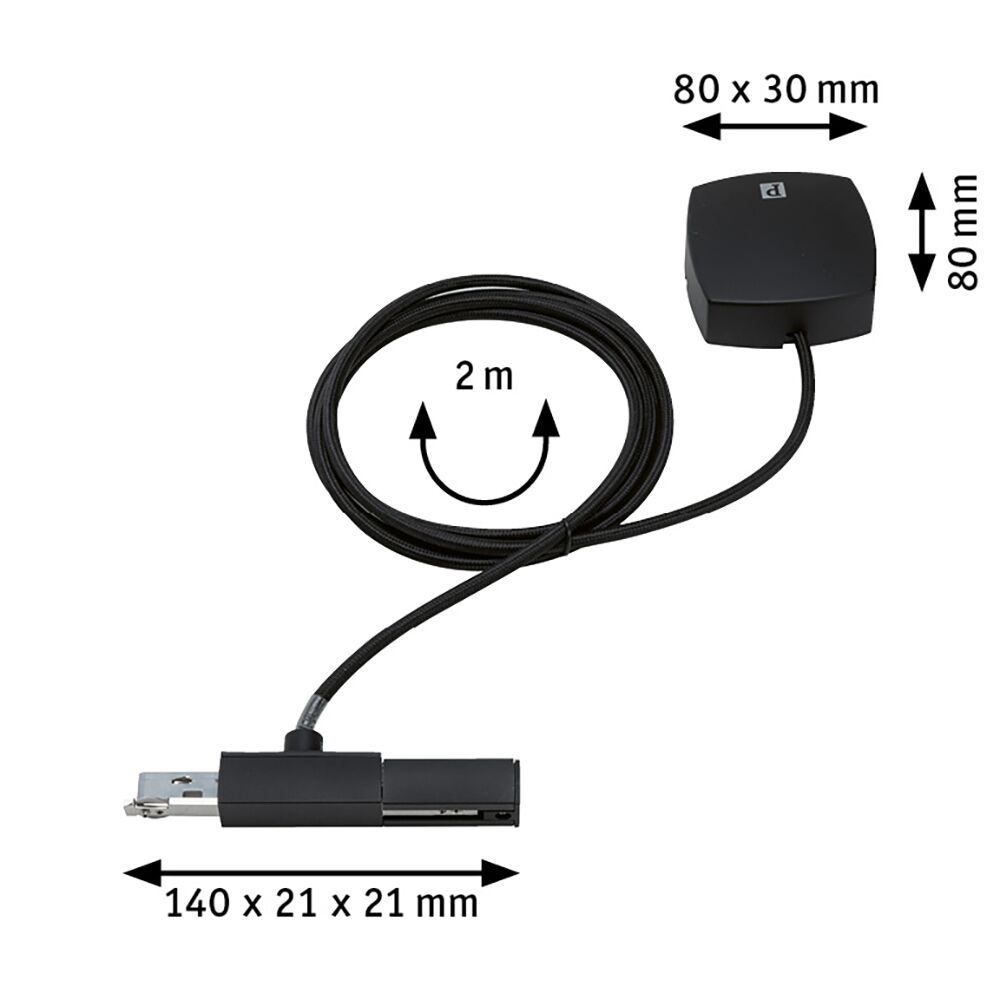 Schwarzes Kabel mit Stecker und quadratischem Anschluss, Maße 80x30x80 mm, 2 Meter Länge, LED Zubehör