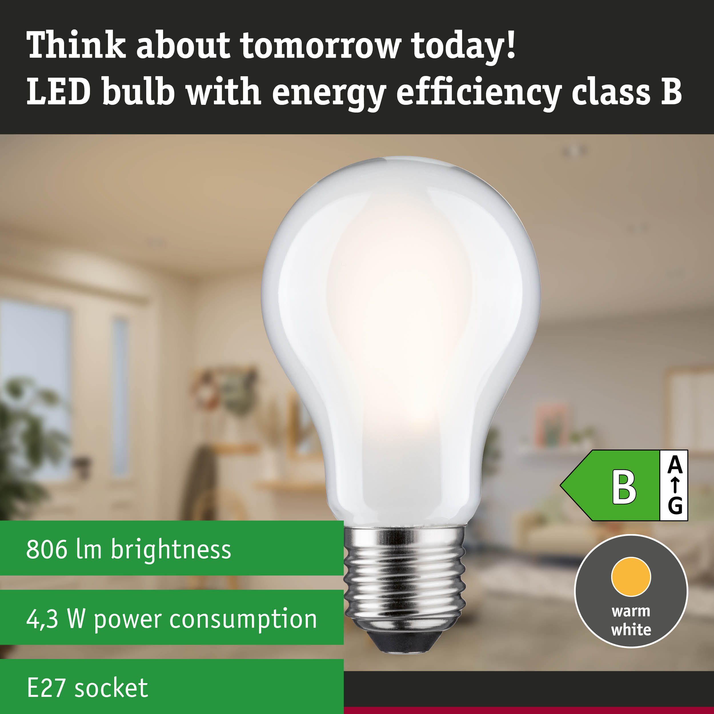 White LED bulb with E27 base, warm white light, 3-step dimmable for energy-efficient lighting