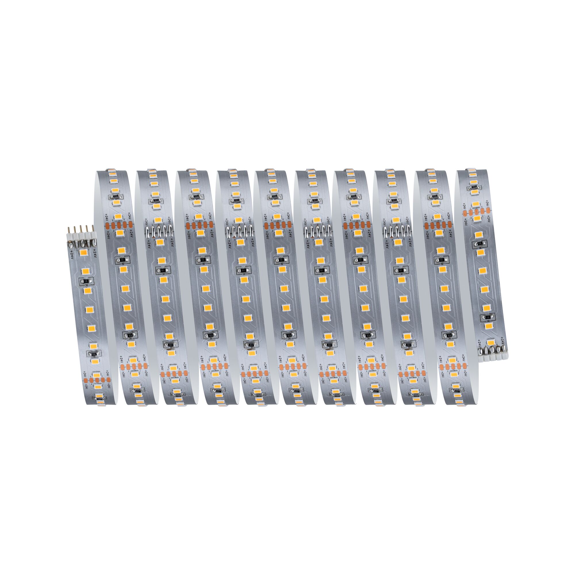 Flexibler LED-Streifen mit warmweißen LEDs auf silberner Platine für vielseitige Lichtakzente