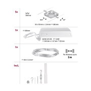Technische Zeichnung mit Maßen von weißem LED-Seillicht und Zubehör für flexible Beleuchtungssysteme