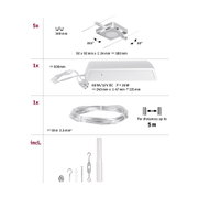 Technische Zeichnung mit Maßen von weißem LED-Seillicht und Zubehör für flexible Beleuchtungssysteme