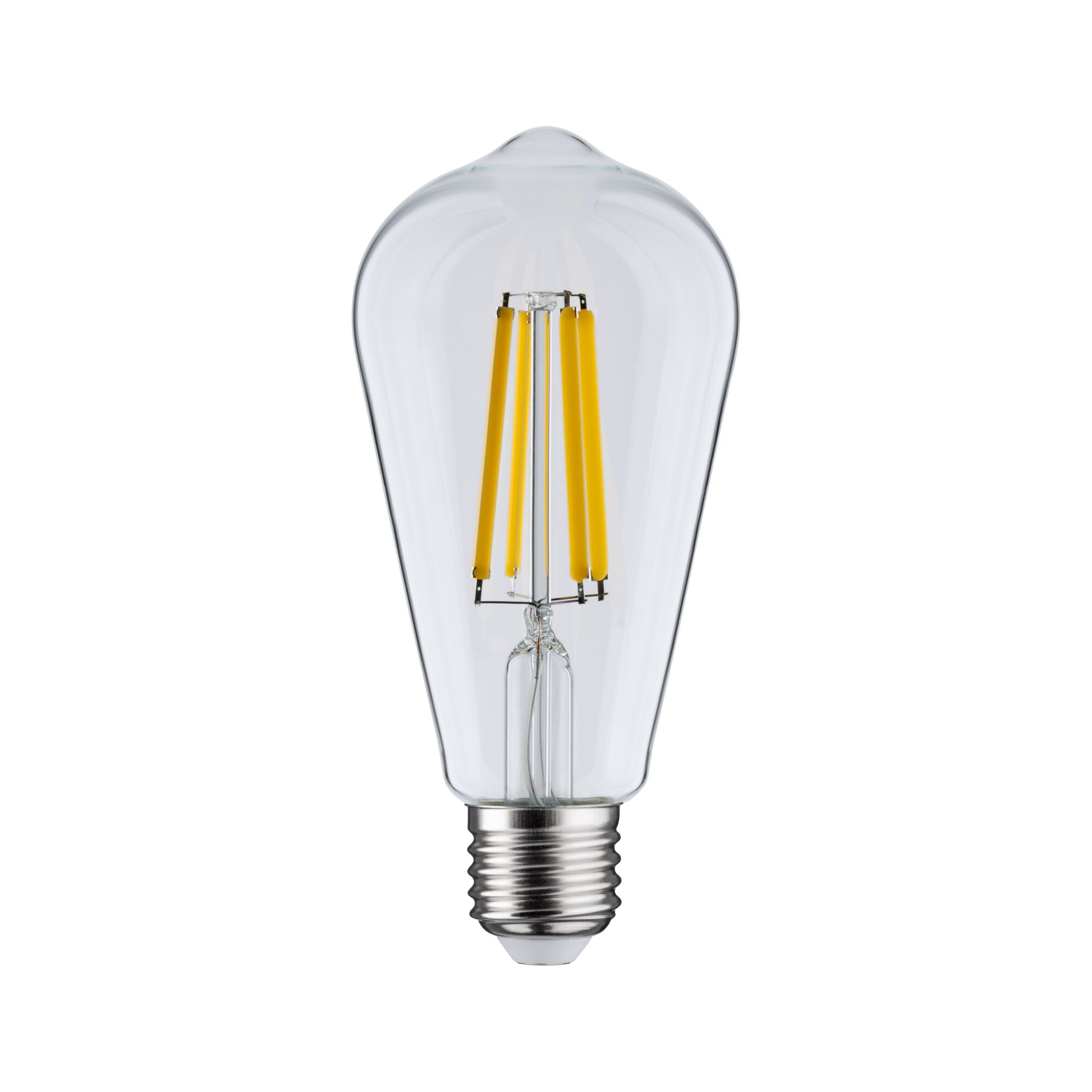 Clear LED filament bulb in drop shape with E27 base for energy-efficient lighting solutions