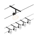 Schwarzes Seilsystem mit sechs weißen LED-Spotleuchten aus Metall für moderne Raumbeleuchtung