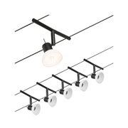 Schwarze Metall-Seilspotleuchte mit weißen Glasschirmen, moderne LED-Deckenbeleuchtung