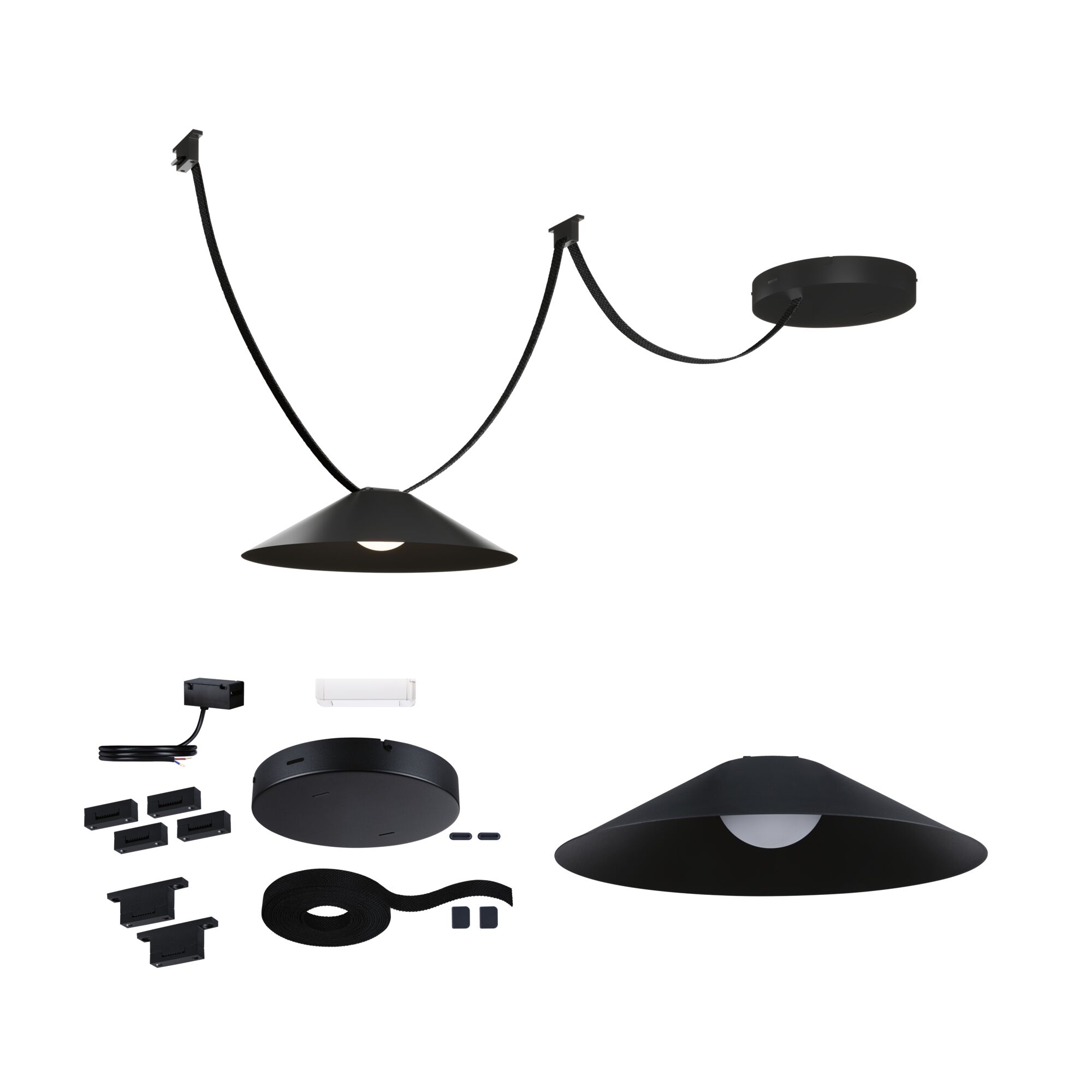 Schwarze LED-Hängeleuchte mit konischem Metall-Schirm und Zubehör für flexible Montage und Beleuchtung.