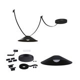 Schwarze LED-Hängeleuchte mit konischem Metall-Schirm und Zubehör für flexible Montage und Beleuchtung.