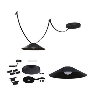 Black LED pendant light with conical metal shade and accessories for flexible installation and lighting.