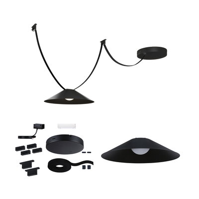 Black LED pendant light with conical metal shade and accessories for flexible installation and lighting.