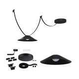 Schwarze LED-Hängeleuchte mit konischem Metall-Schirm und Zubehör für flexible Montage und Beleuchtung.