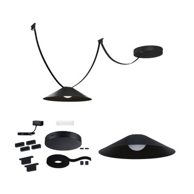 Schwarze LED-Hängeleuchte mit konischem Metall-Schirm und Zubehör für flexible Montage und Beleuchtung.