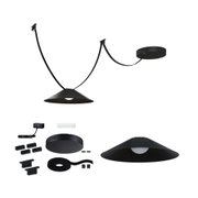 Schwarze LED-Hängeleuchte mit konischem Metall-Schirm und Zubehör für flexible Montage und Beleuchtung.