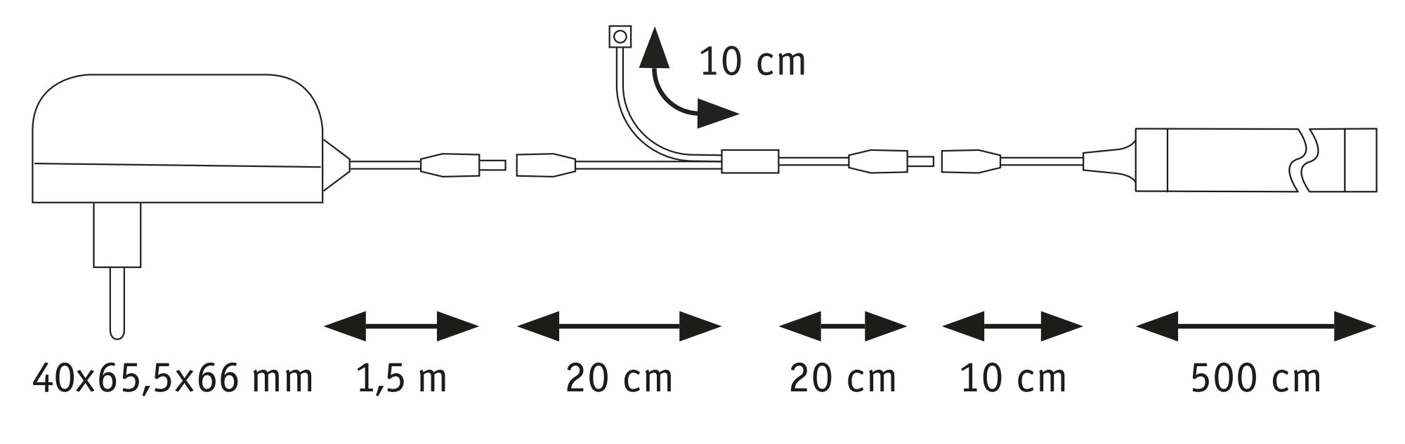 Technical drawing of a power adapter with cables and measurements in millimetres and centimetres