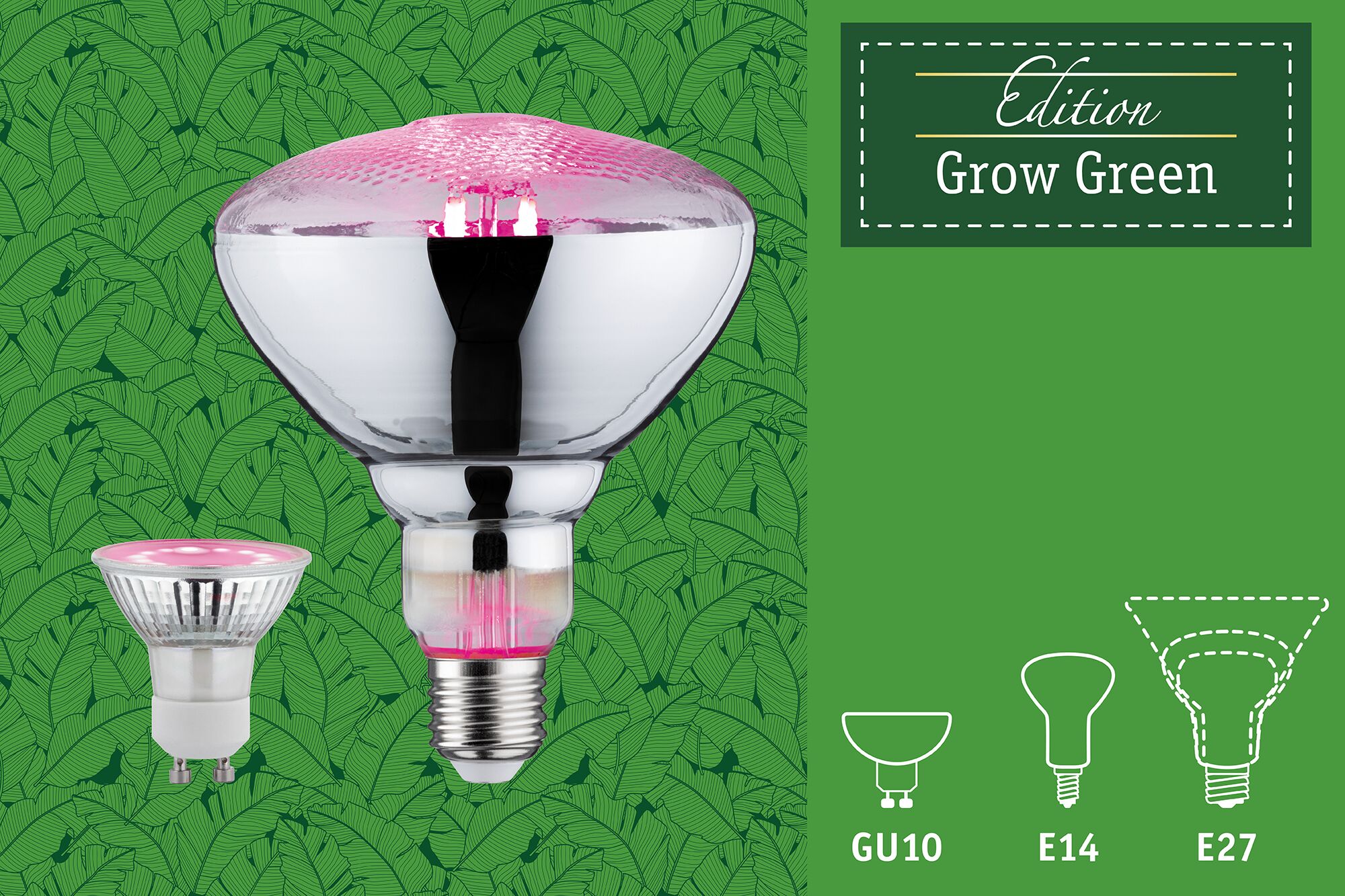 Paulmann Grow Green Edition LED plant grow lights in GU10 and E27 sockets with pink light for plants