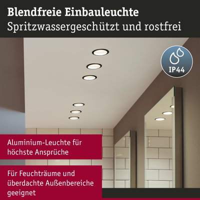 Blendfreie Aluminium-Einbauleuchten in Weiß für Feuchträume und überdachte Außenbereiche mit IP44 Schutz