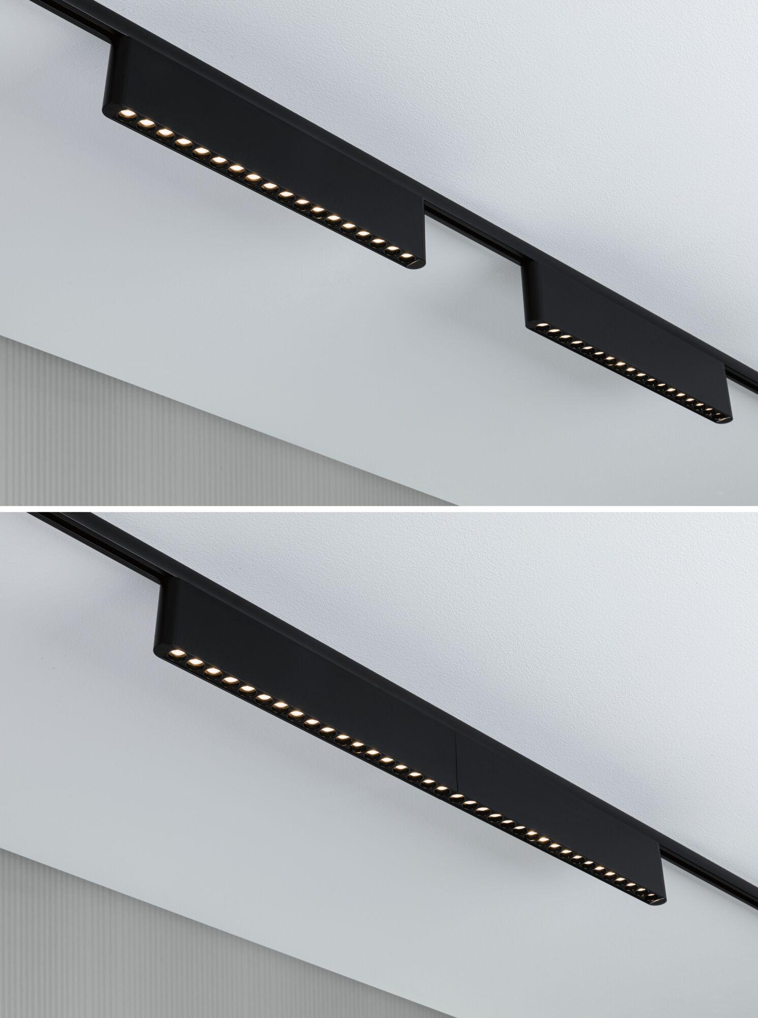 Schwarze LED-Schiene mit linearen Leuchten an weißer Decke für moderne Innenbeleuchtung