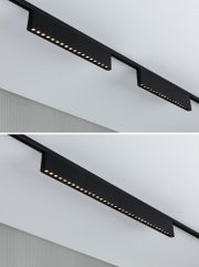 Black LED track with linear lights on white ceiling for modern interior lighting design