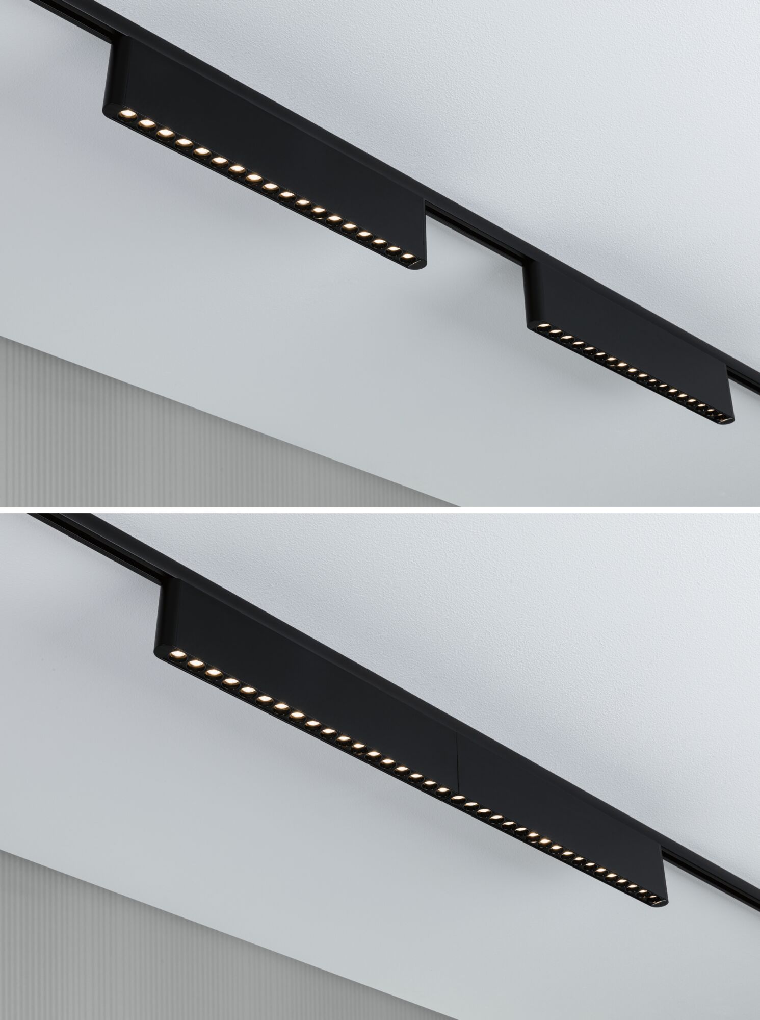 Black LED track with linear lights on white ceiling for modern interior lighting design