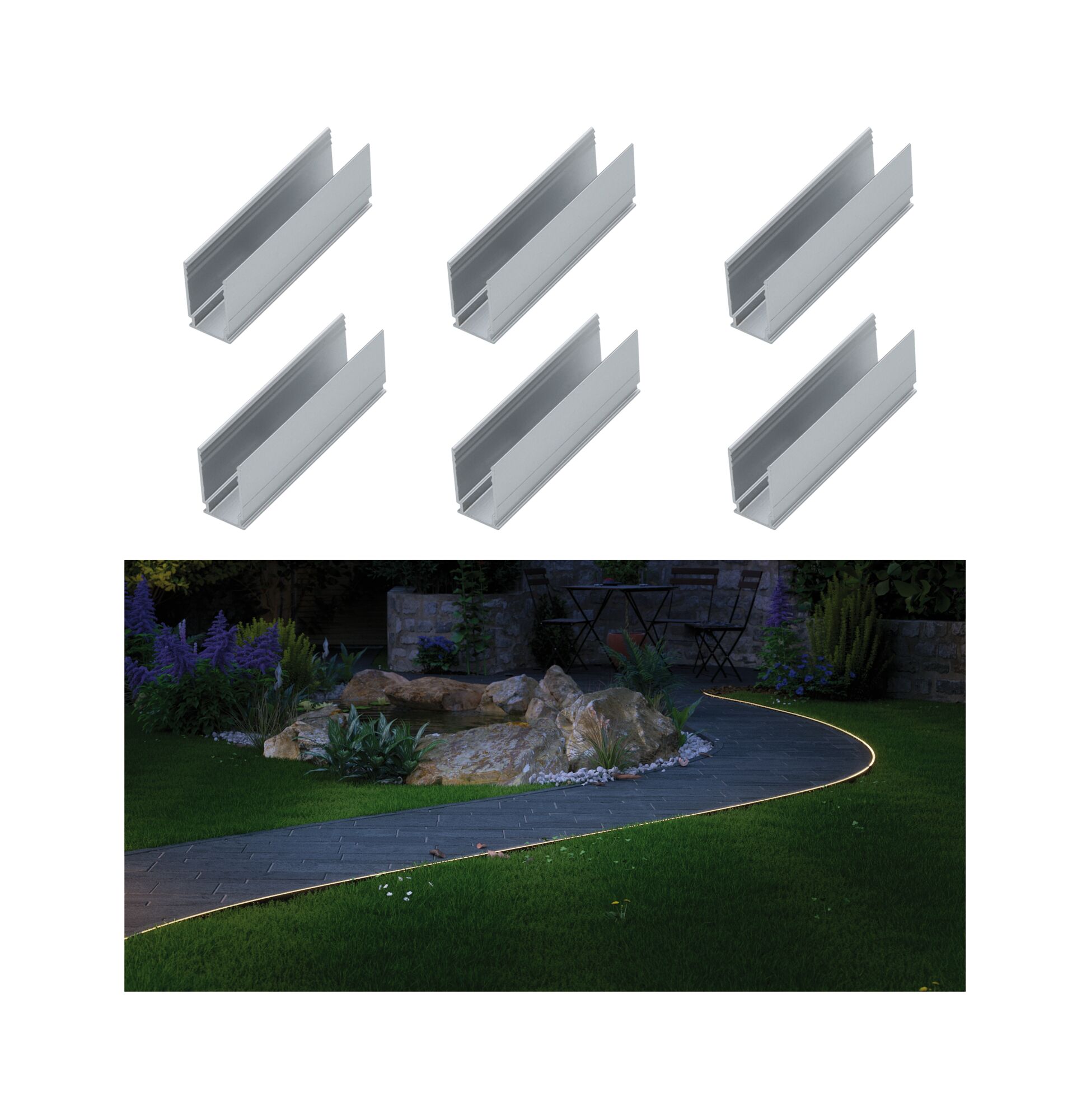 Plug & Shine LED Strip Profil 6er-Set 50x17,5mm Sechs silberne Aluminium-Profile für LED-Beleuchtung, dazu beleuchteter Gartenweg mit warmweißem Licht.