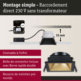 Spot encastré carré noir avec intérieur doré et profondeur d'installation de 55 mm, éclairage LED plafond