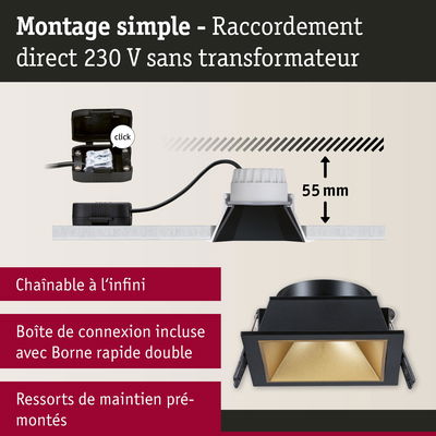 Spot encastré carré noir avec intérieur doré et profondeur d'installation de 55 mm, éclairage LED plafond