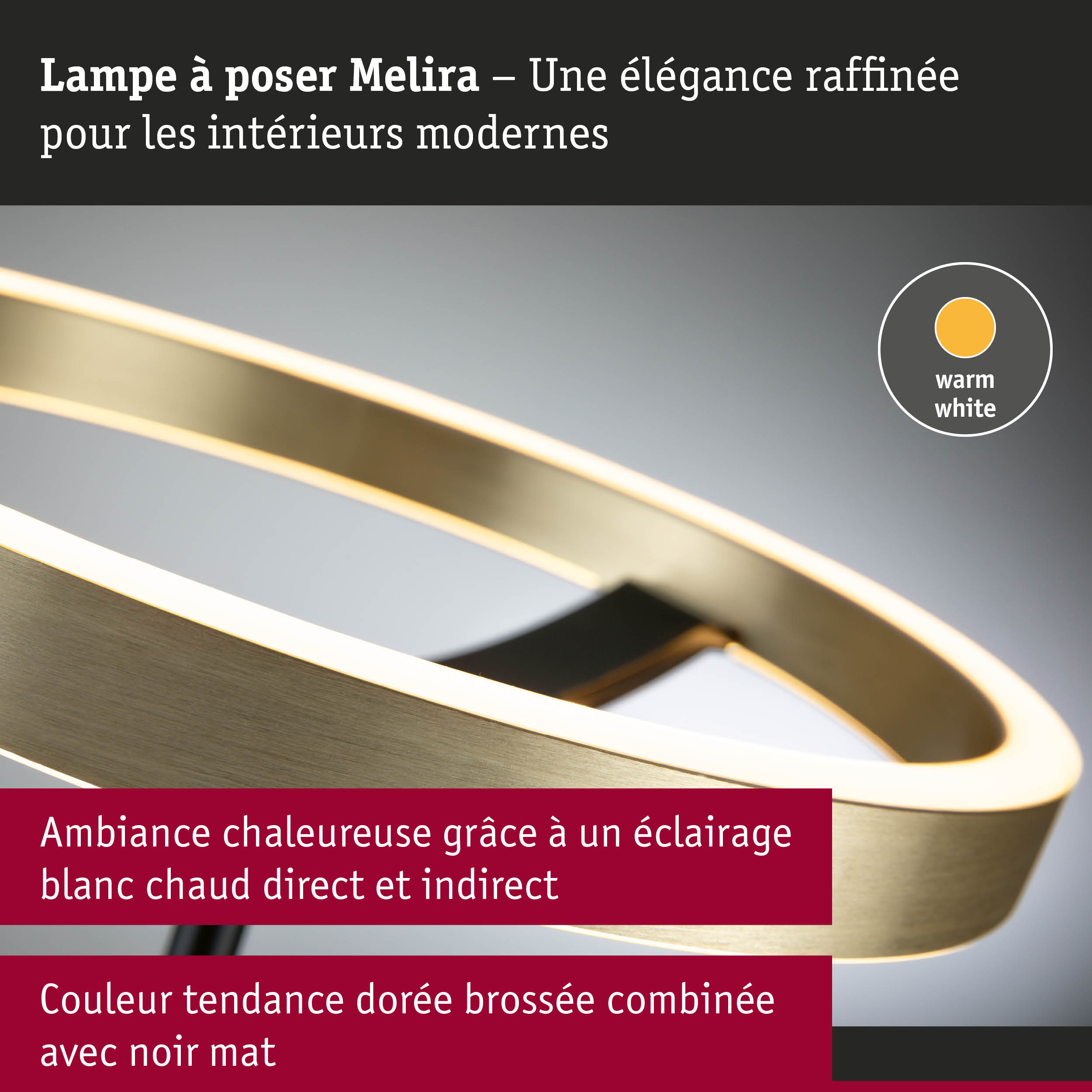 Lampe à poser Melira en doré brossé et noir mat avec éclairage blanc chaud pour intérieurs modernes
