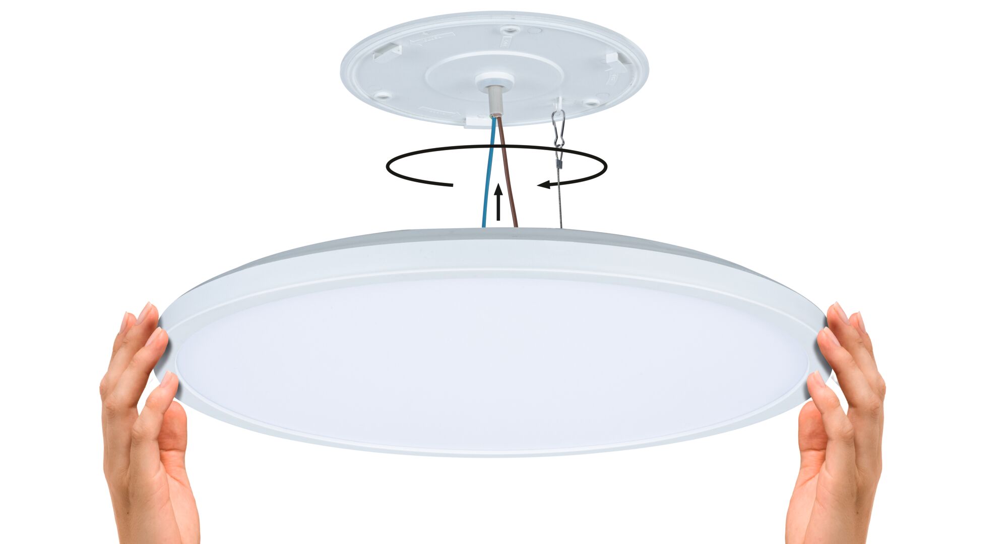 Plafonnier LED rond blanc en plastique avec installation simple et connexion câblée.