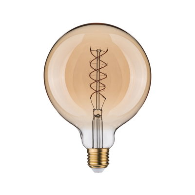 Round LED bulb with spiral filament in amber glass and E27 base for decorative lighting use