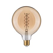 Round LED bulb with spiral filament in amber glass and E27 base for decorative lighting use
