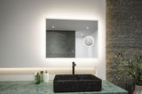 Rectangular black marble sink on green stone countertop with illuminated mirror in modern bathroom