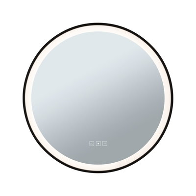 Round LED mirror with black frame and touch controls for bathroom lighting and anti-fog feature