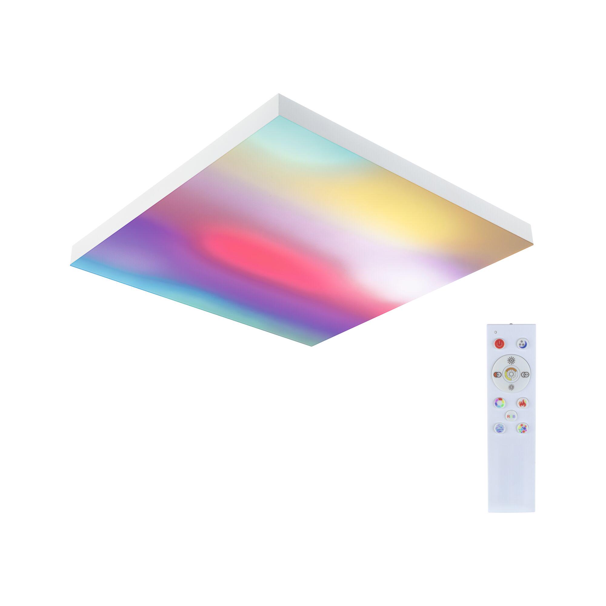 Buntes LED-Deckenpanel mit weißem Rahmen und Fernbedienung für individuelle Lichtsteuerung