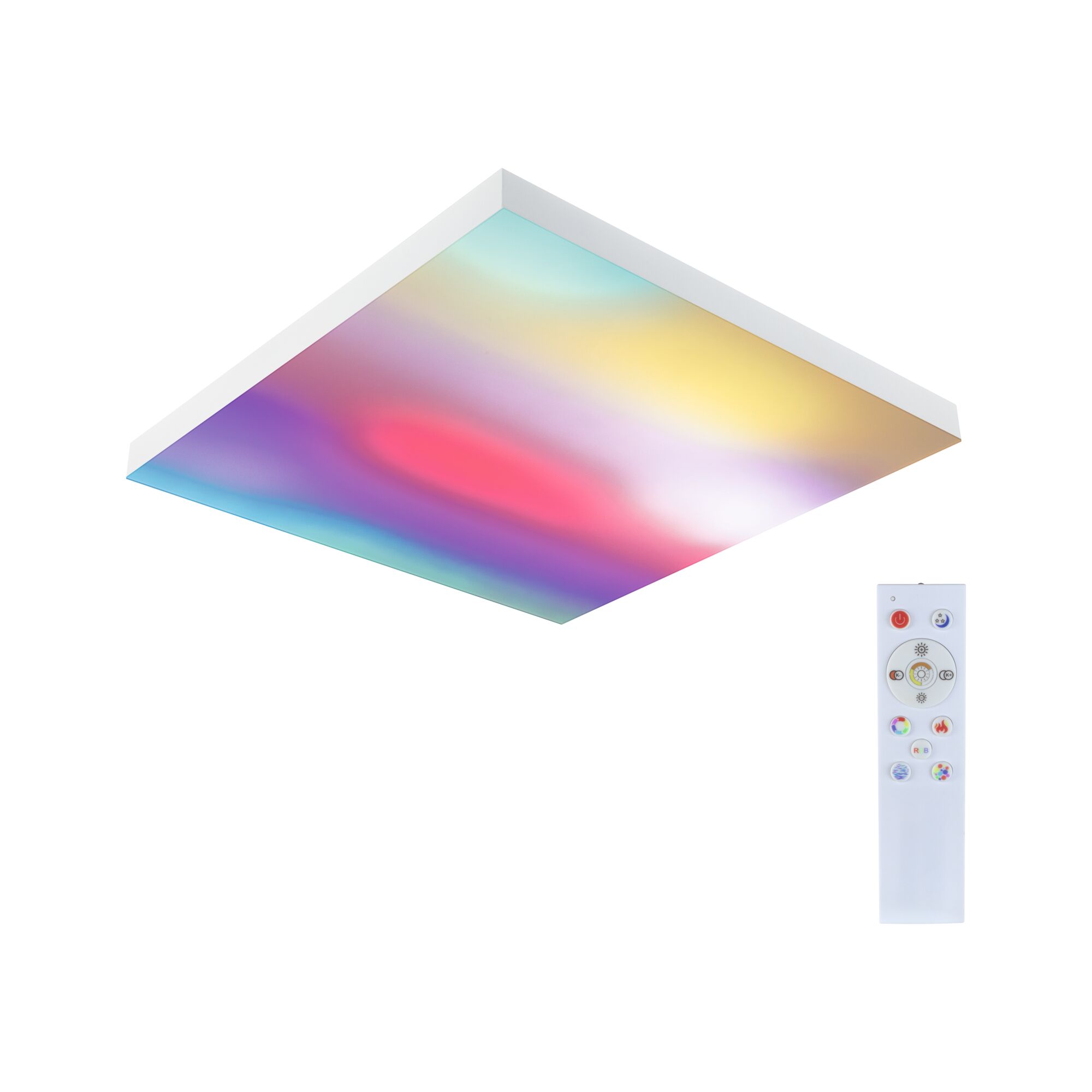 Panneau LED Velora Rainbow dynamicRGBW carré 450x450mm 19W 1690lm RGB+ Blanc gradable Panneau LED de plafond coloré avec cadre blanc et télécommande pour éclairage personnalisé