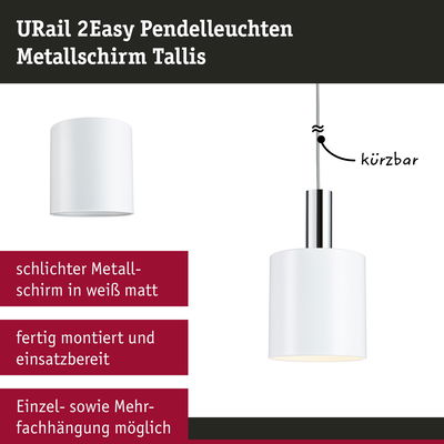 URail 2Easy Pendelleuchte mit mattweißem Metallschirm, kürzbar, für flexible Raumbeleuchtung