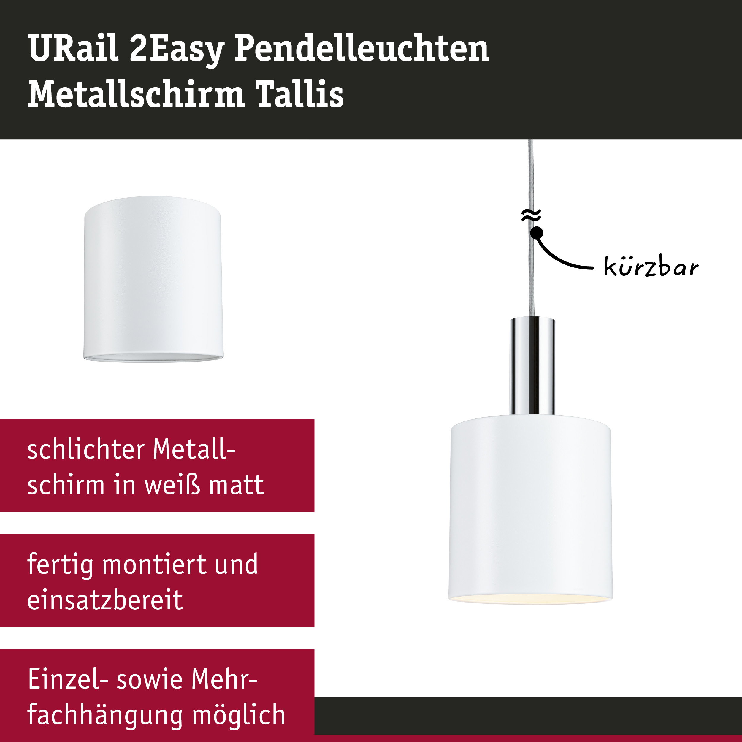 URail 2Easy Pendelleuchte mit mattweißem Metallschirm und verstellbarem Kabel für moderne Beleuchtung