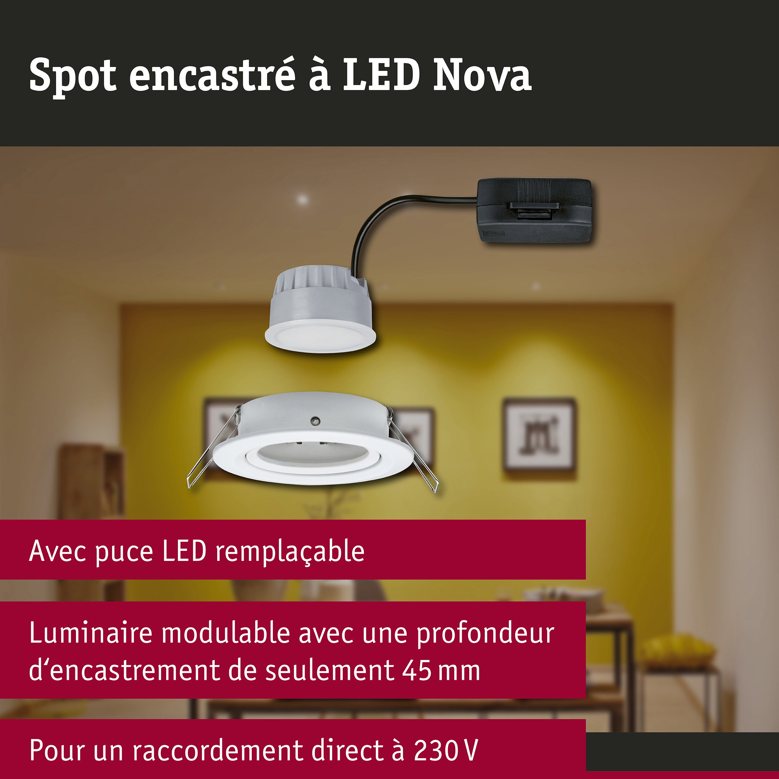Spot encastré LED 3-Step-Dim Nova Coin orientable rond 84mm 50° Coin 6W 470lm 230V gradable 2700K Blanc dépoli