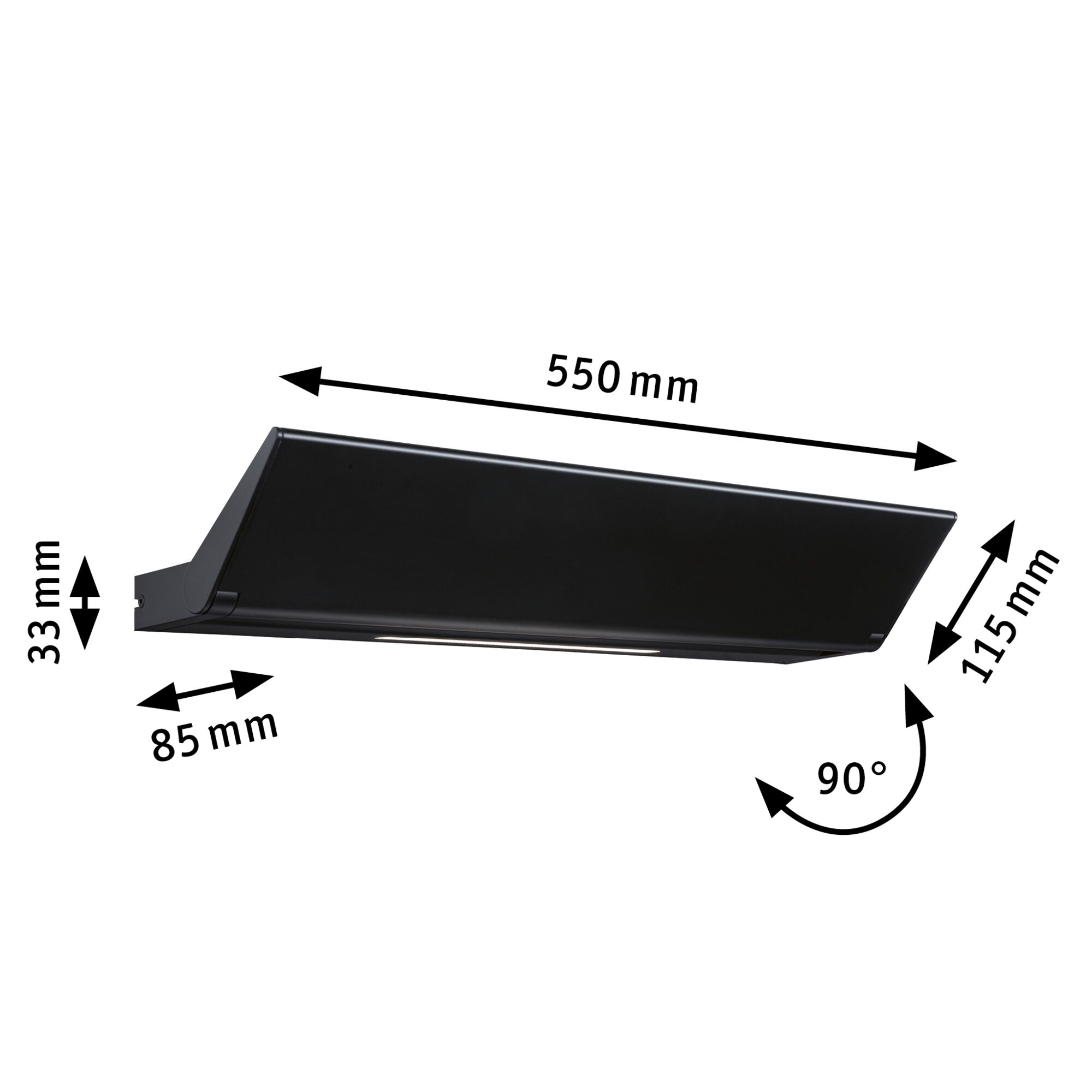 Schwarze LED-Unterbauleuchte aus Metall mit 550 mm Länge und 90 Grad Schwenkfunktion für Küchenbeleuchtung