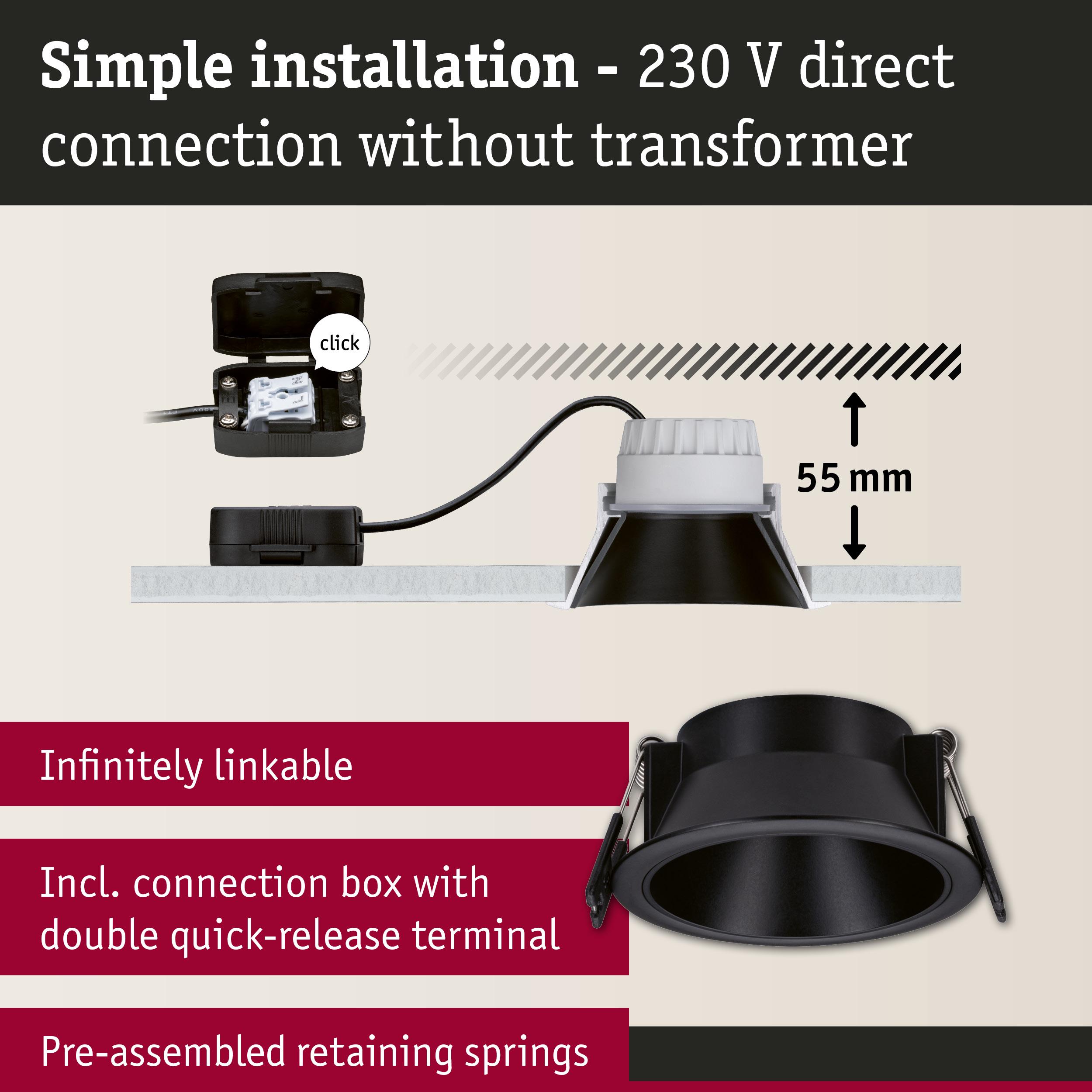 Black recessed spotlight with 55 mm depth, connection box and springs for easy 230 V direct installation