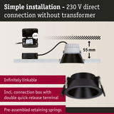 Black recessed spotlight with 55 mm depth, connection box and springs for easy 230 V direct installation