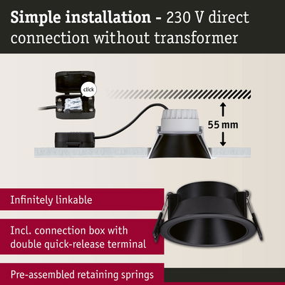 Black recessed spotlight with 55 mm depth, connection box and springs for easy 230 V direct installation