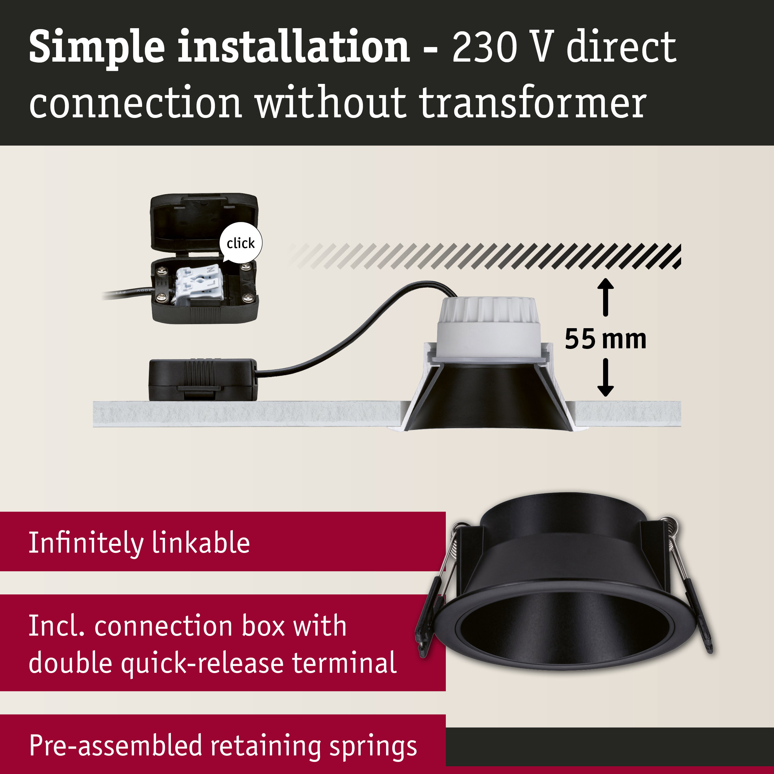 Black recessed spotlight with 55 mm depth and connection box for simple 230 V installation without transformer