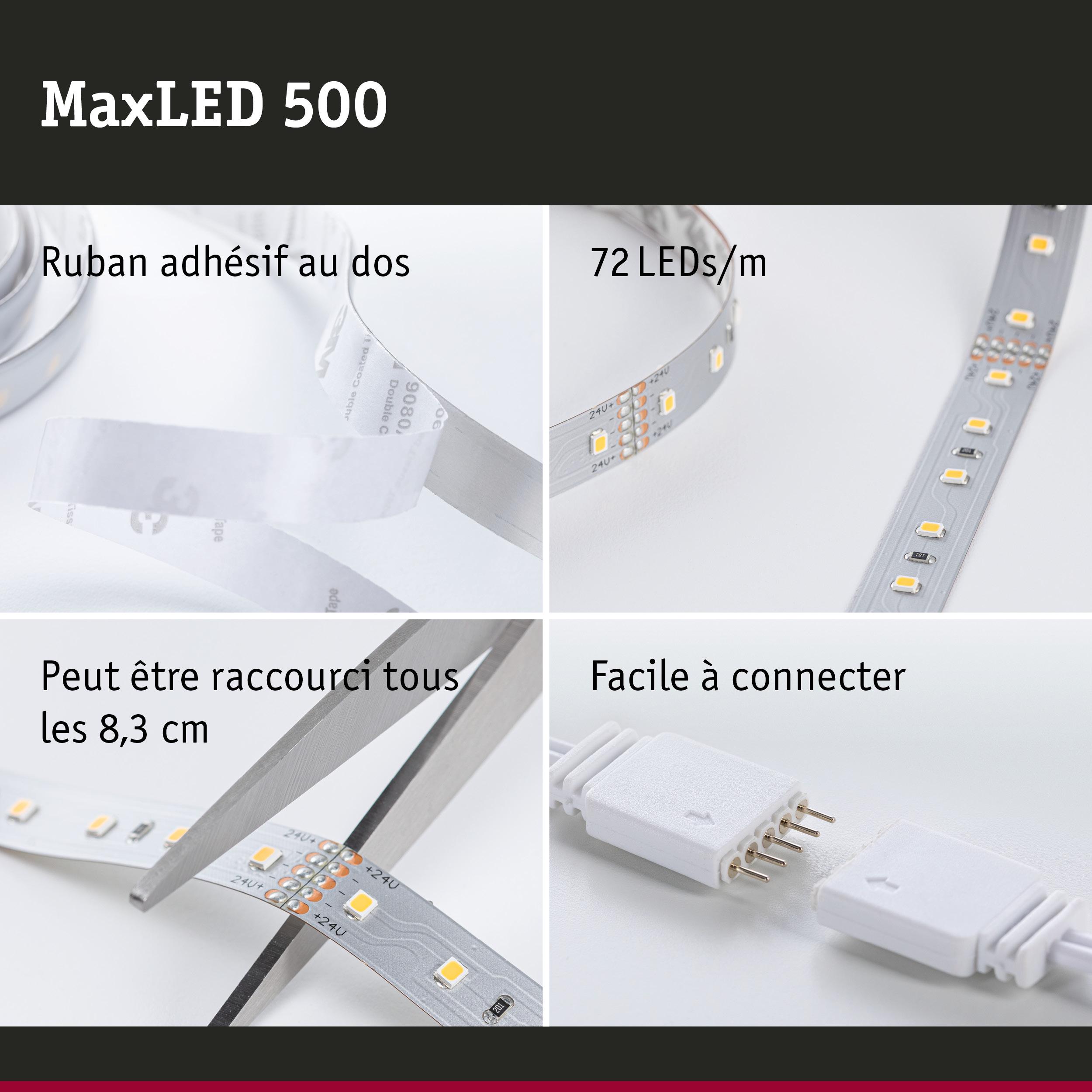 Bande LED MaxLED 500 avec 72 LEDs/m, ruban adhésif, coupable tous les 8,3 cm, facile à connecter