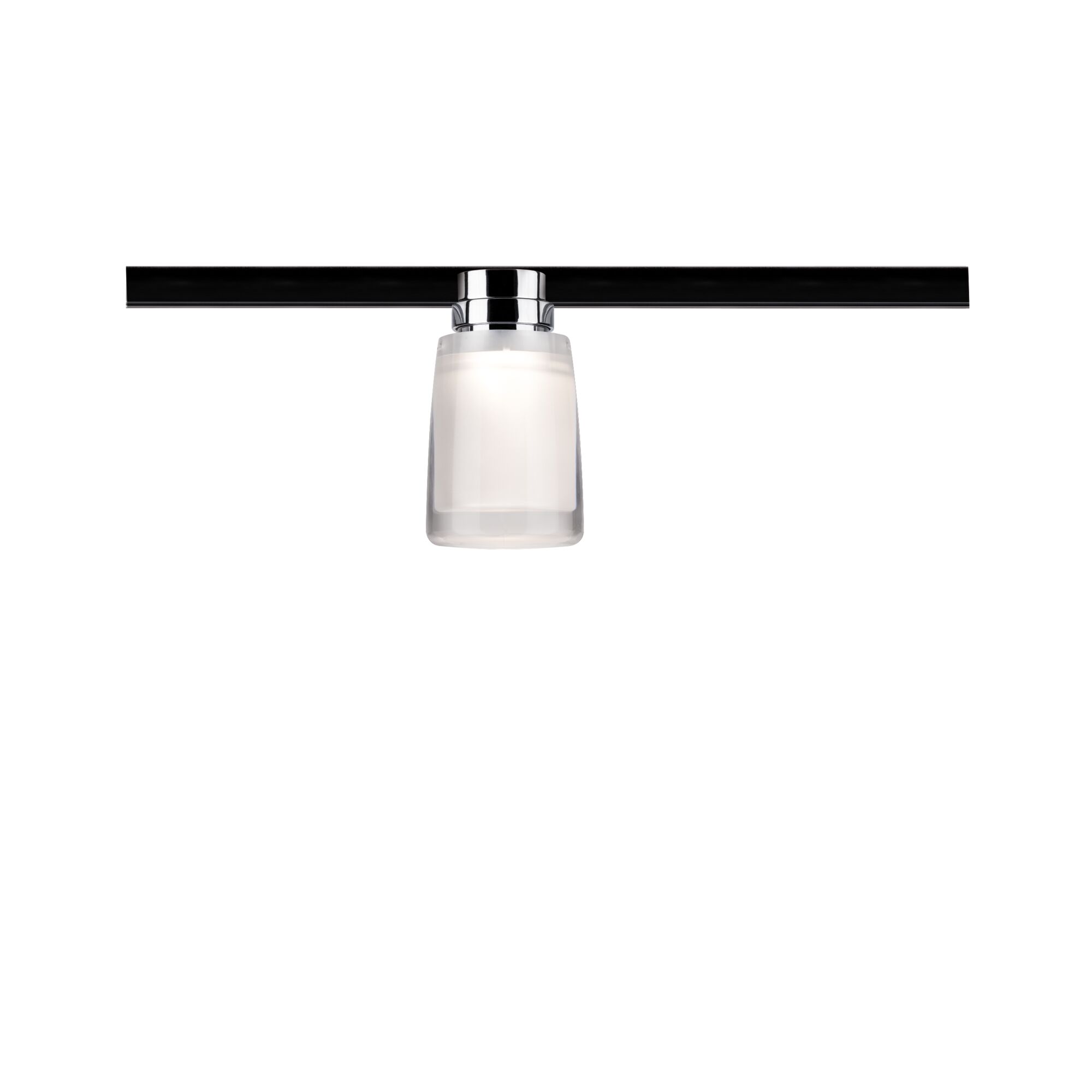 Modern ceiling spotlight with frosted white glass and chrome metal on black rail lighting