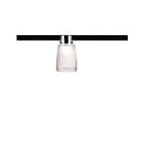 Moderne loftspot med mat hvidt glas og krom metal på sort skinnebelysning