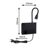 Applique murale LED noire avec bras de lecture flexible et câble de 140 cm, dimensions 170x256 mm