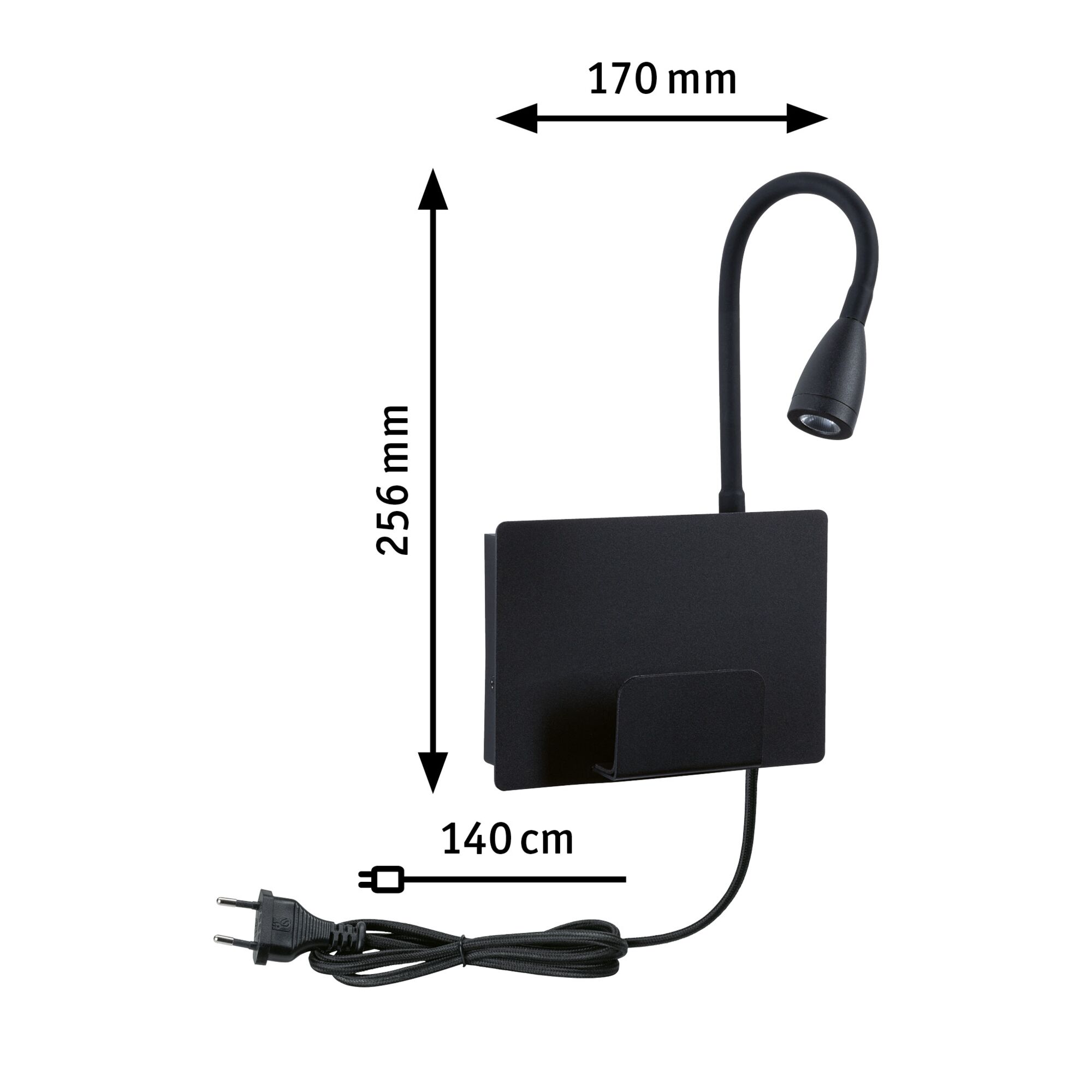 Sort LED-væglampe med fleksibel læsearm og 140 cm stikledning, mål 170x256 mm
