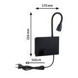Sort LED-væglampe med fleksibel læsearm og 140 cm stikledning, mål 170x256 mm