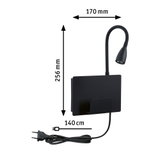 Zwarte LED-wandlamp met flexibele leesarm en 140 cm stekkersnoer, afmetingen 170x256 mm